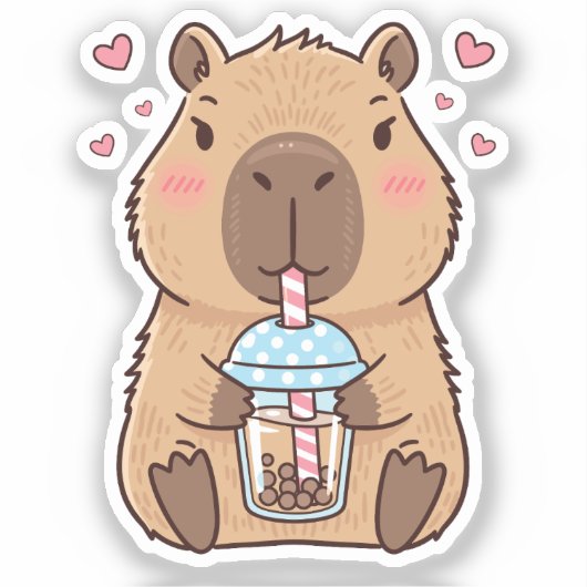 Schattigee Capybara Sipping Boba Tea Sticker (Voorkant)