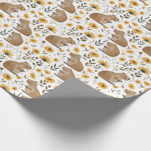 Schattigee Capybara Zonnebloem Bloemen Cadeaupapier (Hoek)