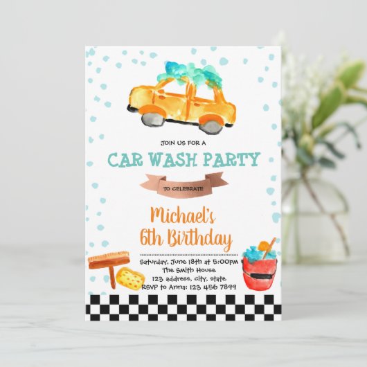 Schattigee Car Wash Party verjaardagsuitnodiging Kaart (Staand voorkant)