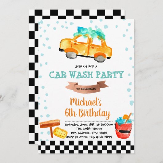 Schattigee Car Wash Party verjaardagsuitnodiging Kaart (Voorkant / Achterkant)