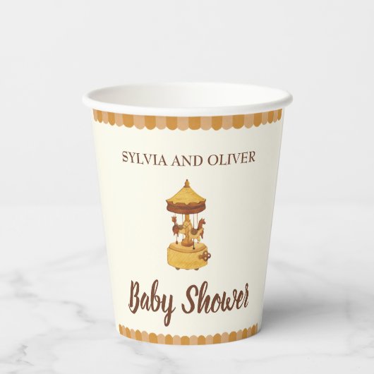 Schattigee carrousel baby shower genderneutrale pa papieren bekers (Achterkant)