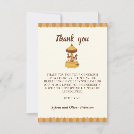 Schattigee carrousel genderneutraal baby shower bedankkaart (Voorkant)