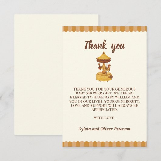 Schattigee carrousel genderneutraal baby shower bedankkaart (Voorkant / Achterkant)