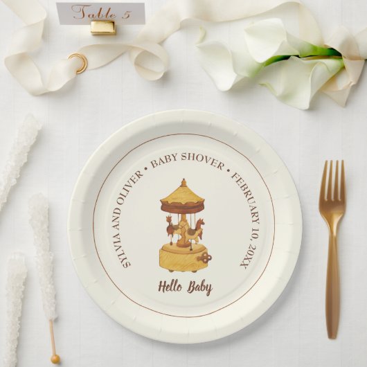 Schattigee carrousel genderneutraal baby shower papieren bordje (Huwelijk)