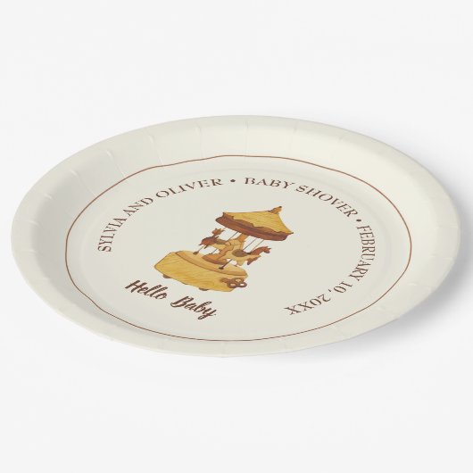 Schattigee carrousel genderneutraal baby shower papieren bordje (Gekanteld)
