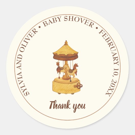 Schattigee carrousel genderneutraal baby shower ronde sticker (Voorkant)