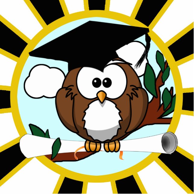 Schattigee Cartoon Afstuderen Uil w / Zwart & Goud Staand Fotobeeldje (Voorkant)