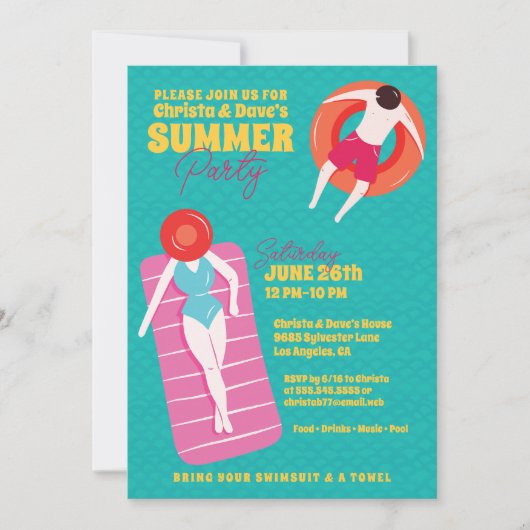 Schattigee Cartoon Art Pool Party Kaart (Voorkant)