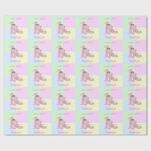 Schattigee Cartoon Baby Meisje Roze 1e Verjaardag Cadeaupapier (Vlak)