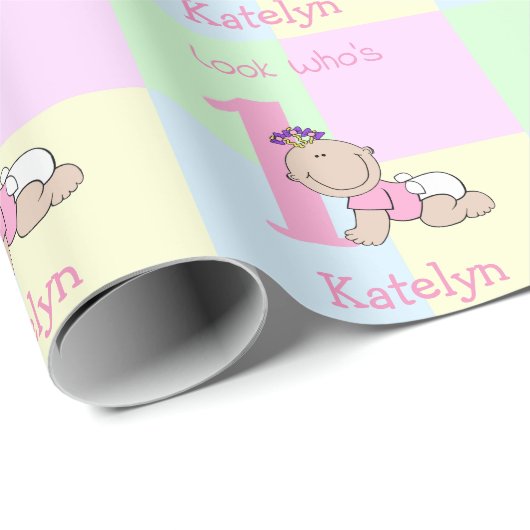 Schattigee Cartoon Baby Meisje Roze 1e Verjaardag Cadeaupapier (Rol Hoek)