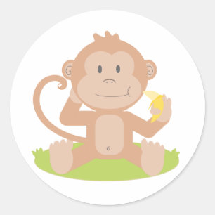 Schattigee Cartoon Baby Monkey Zitten en Eten Bana Ronde Sticker
