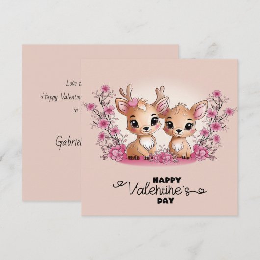 Schattigee Cartoon Bambi Lovers Hearts Valentijn's Feestdagenkaart (Voorkant / Achterkant)