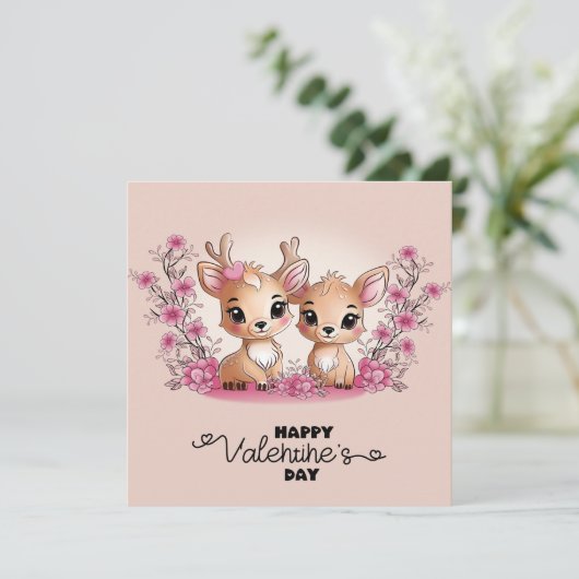 Schattigee Cartoon Bambi Lovers Hearts Valentijn's Feestdagenkaart (Staand voorkant)