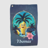 Schattigee cartoon banaan op het tropische strand. golfhanddoek (Voorkant)