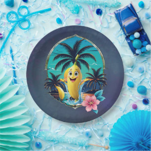 Schattigee cartoon banaan op het tropische strand. papieren bordje