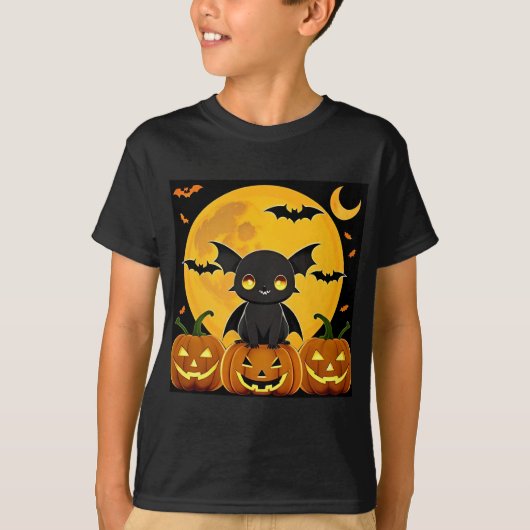 Schattigee Cartoon Bat en Jack-O'-Lantern Pompoene T-shirt (Voorkant)