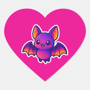 Schattigee Cartoon Bat met Levendige Paarse Vleuge Hart Sticker