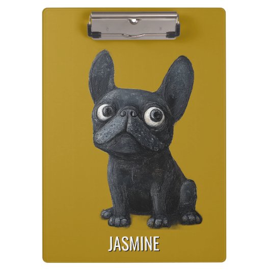 Schattigee Cartoon Black Frenchie Dog Mosterdgeel Klembord (Voorkant)