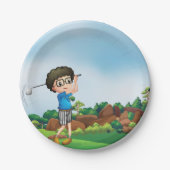 Schattigee Cartoon Boy Golfen Fun Golf Lover Desig Papieren Bordje (Voorkant)