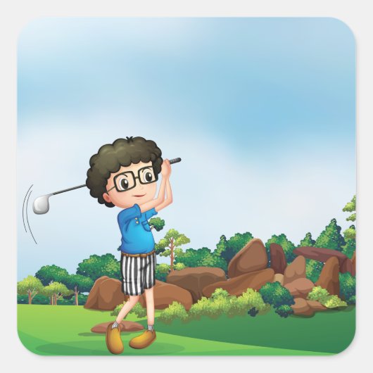 Schattigee Cartoon Boy Golfen Fun Golf Lover Desig Vierkante Sticker (Voorkant)