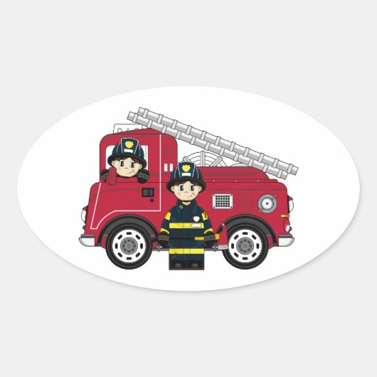 Schattigee Cartoon Brandweerman Ovale Sticker (Voorkant)