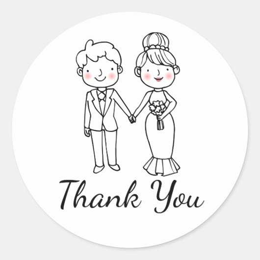 Schattigee Cartoon bruid zwart wit dank u bruiloft Ronde Sticker (Voorkant)