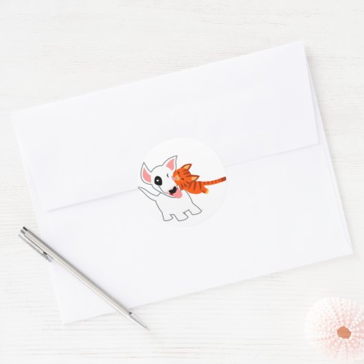Schattigee Cartoon Bull Terrier en Kitten Sticker (Envelop)