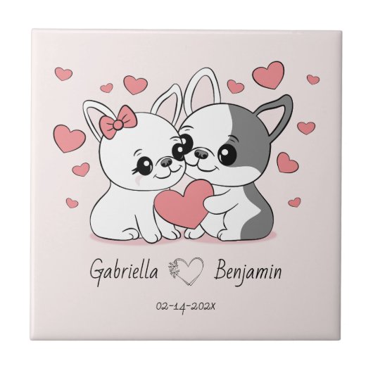 Schattigee Cartoon Bulldogs Liefhebbers Hart Valen Tegeltje (Voorkant)