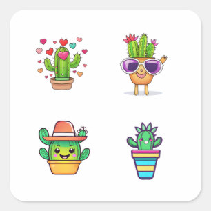 Schattigee Cartoon Cactus Funny 4 Pack Stickers.pn Vierkante Sticker