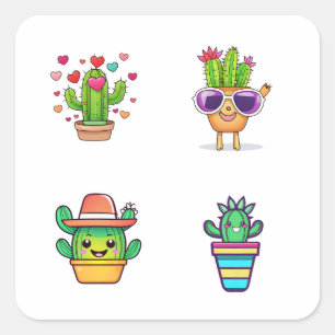 Schattigee Cartoon Cactus Funny 4 Pack Vierkante Sticker