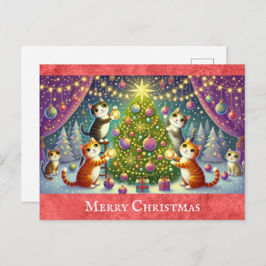Schattigee Cartoon Cat Kitten Vrolijk Kerstfeest Briefkaart (Voorkant / Achterkant)