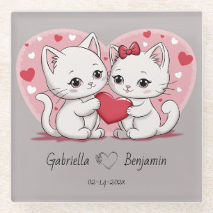 Schattigee Cartoon Cat Lovers Hearts Valentijn's D Glazen Onderzetter