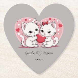 Schattigee Cartoon Cat Lovers Hearts Valentijn's D Kartonnen Onderzetters