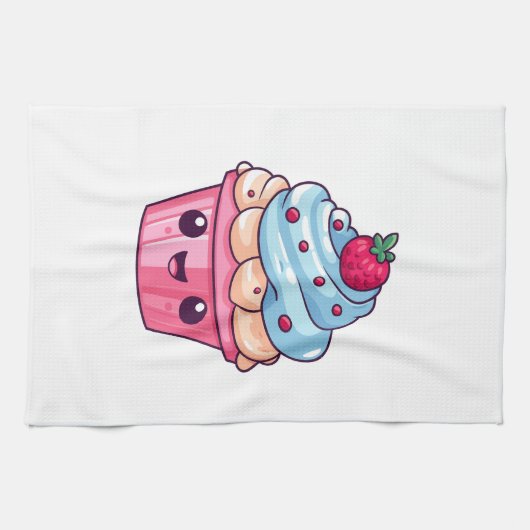 Schattigee cartoon cupcake vrolijke lach theedoek (Horizontaal)