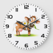 Schattigee Cartoon Dairy Koe met Bloem en Gras Grote Klok (Voorkant)