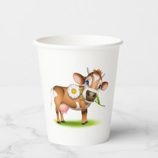 Schattigee Cartoon Dairy Koe met Bloem en Gras Papieren Bekers (Voorkant)