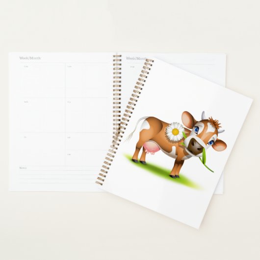 Schattigee Cartoon Dairy Koe met Bloem en Gras Planner (Display)