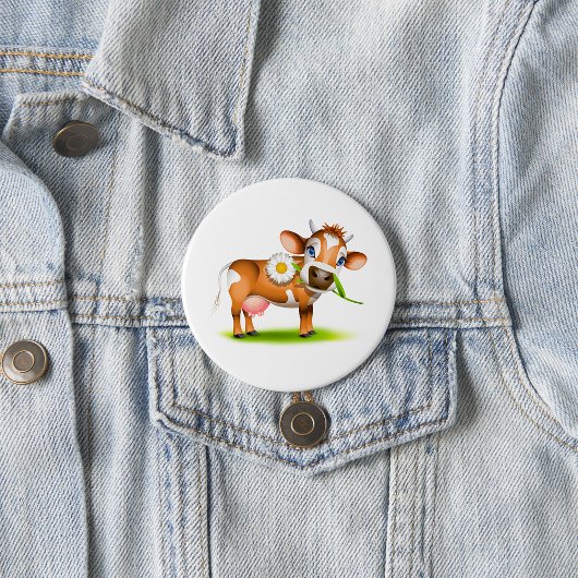 Schattigee Cartoon Dairy Koe met Bloem en Gras Ronde Button 7,6 Cm