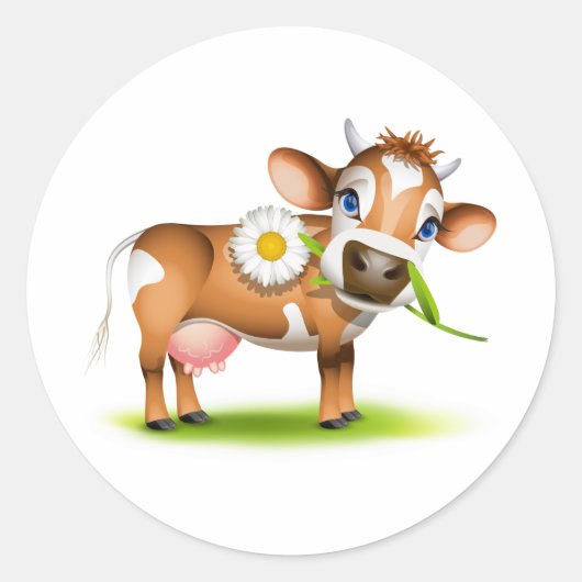 Schattigee Cartoon Dairy Koe met Bloem en Gras Ronde Sticker (Voorkant)