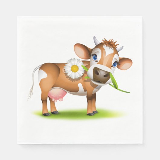 Schattigee Cartoon Dairy Koe met Bloem en Gras Servet (Voorkant)