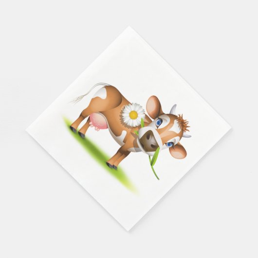 Schattigee Cartoon Dairy Koe met Bloem en Gras Servet (Hoek)