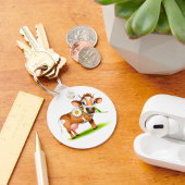 Schattigee Cartoon Dairy Koe met Bloem en Gras Sleutelhanger