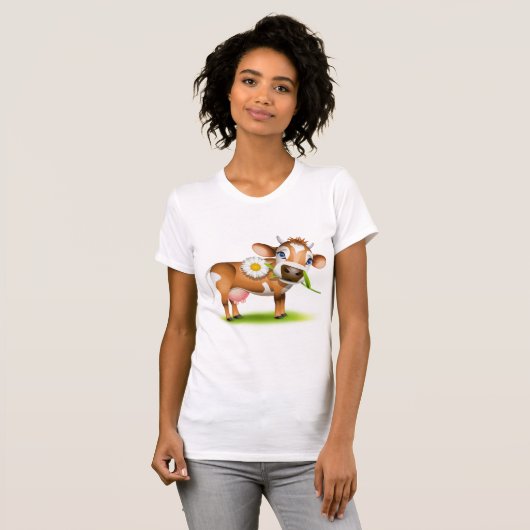 Schattigee Cartoon Dairy Koe met Bloem en Gras T-shirt (Voorkant volledig)