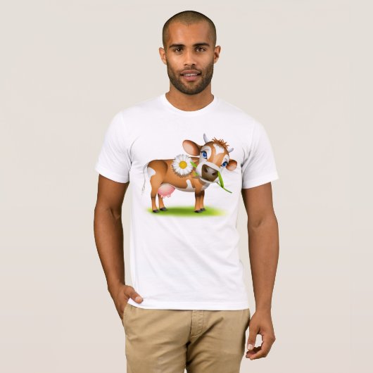 Schattigee Cartoon Dairy Koe met Bloem en Gras T-shirt (Voorkant volledig)