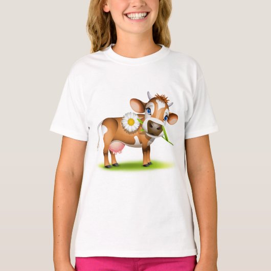 Schattigee Cartoon Dairy Koe met Bloem en Gras T-shirt (Voorkant)