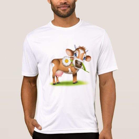 Schattigee Cartoon Dairy Koe met Bloem en Gras T-shirt (Voorkant)