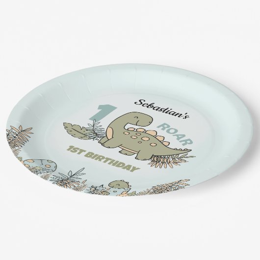 Schattigee Cartoon Dinosaurus Blauw Groen Jongen 1 Papieren Bordje (Gekanteld)