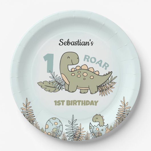 Schattigee Cartoon Dinosaurus Blauw Groen Jongen 1 Papieren Bordje (Voorkant)