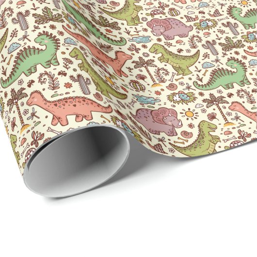 Schattigee Cartoon Dinosaurus  Patroon Cadeaupapier (Rol Hoek)