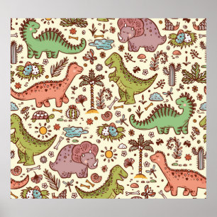 Schattigee Cartoon Dinosaurus  Patroon Poster